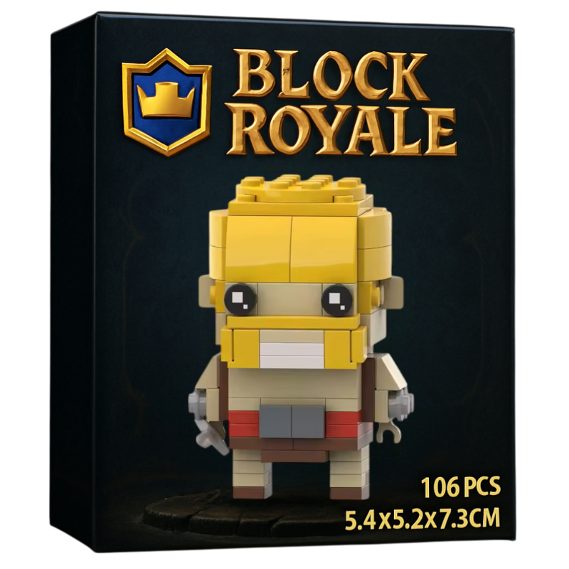Box of Block Royale toy set with a character made of interlocking bricks on a black background.